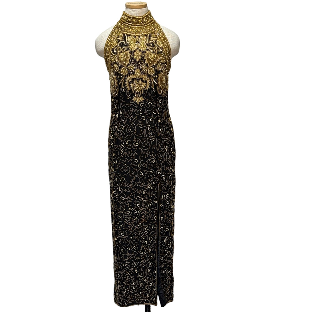 Adrianna Papell sz 12 black 100% silk evening dress with gold sequins and beads - Picture 3 of 14